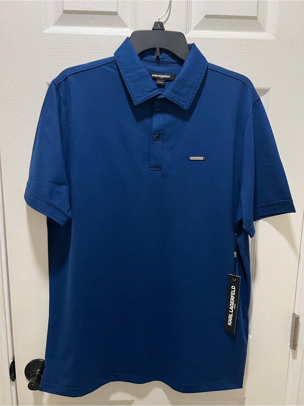 NWT Karl Lagerfeld Paris Men’s Metal Bar Logo Polo Shirt Navy Blue Size M